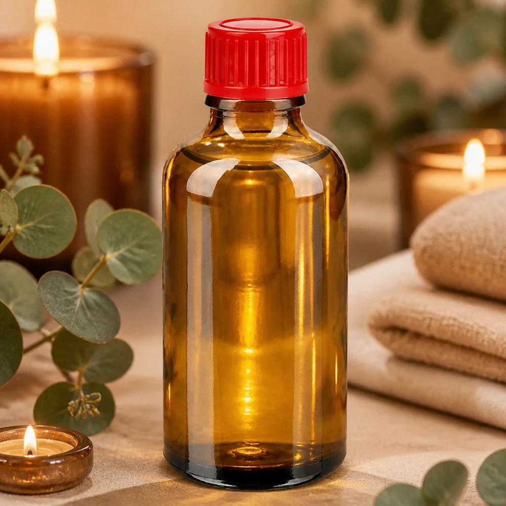 50 ml glasflaska i brun färg med rött lock för eteriska oljor och kosmetika