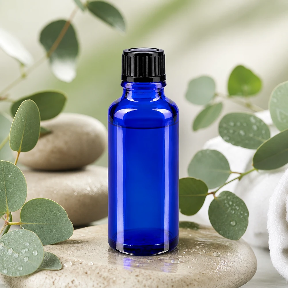 Apoteksflaska blå 30ml skruvlock svart standard Koboltblå 30 ml apoteksflaska med svart droppkork på wellness-stenar