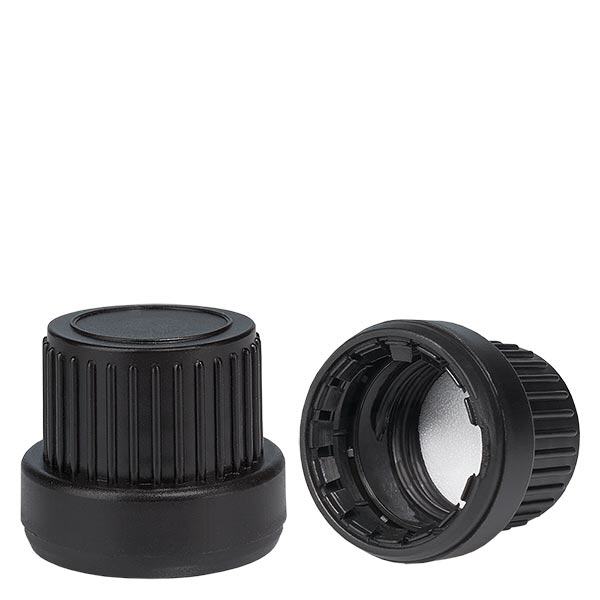 Skruvlock med PE-tätning svart 18 mm, förslutning med sabotageskydd Skruvlock med PE-tätning svart 18 mm, förslutning med sabotageskydd