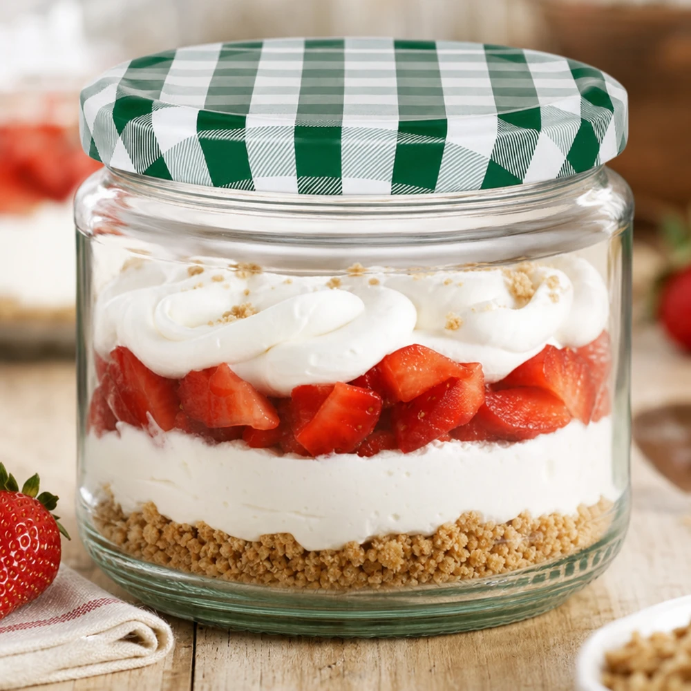 330ml rund burk + BasicSeal lock grön/vit UNiTWIST 330 ml rund burk som dessertburk med jordgubbs- och gräddlagerdessert, grönt och vitt BasicSeal-lock, parfait i burk