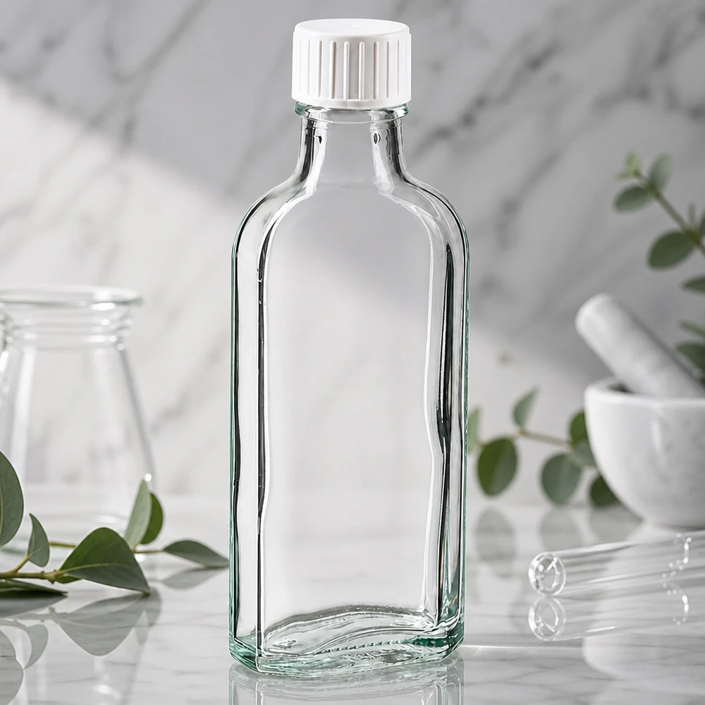 Tom 100 ml Meplat-glasflaska med vitt barnsäkert lock och hällring