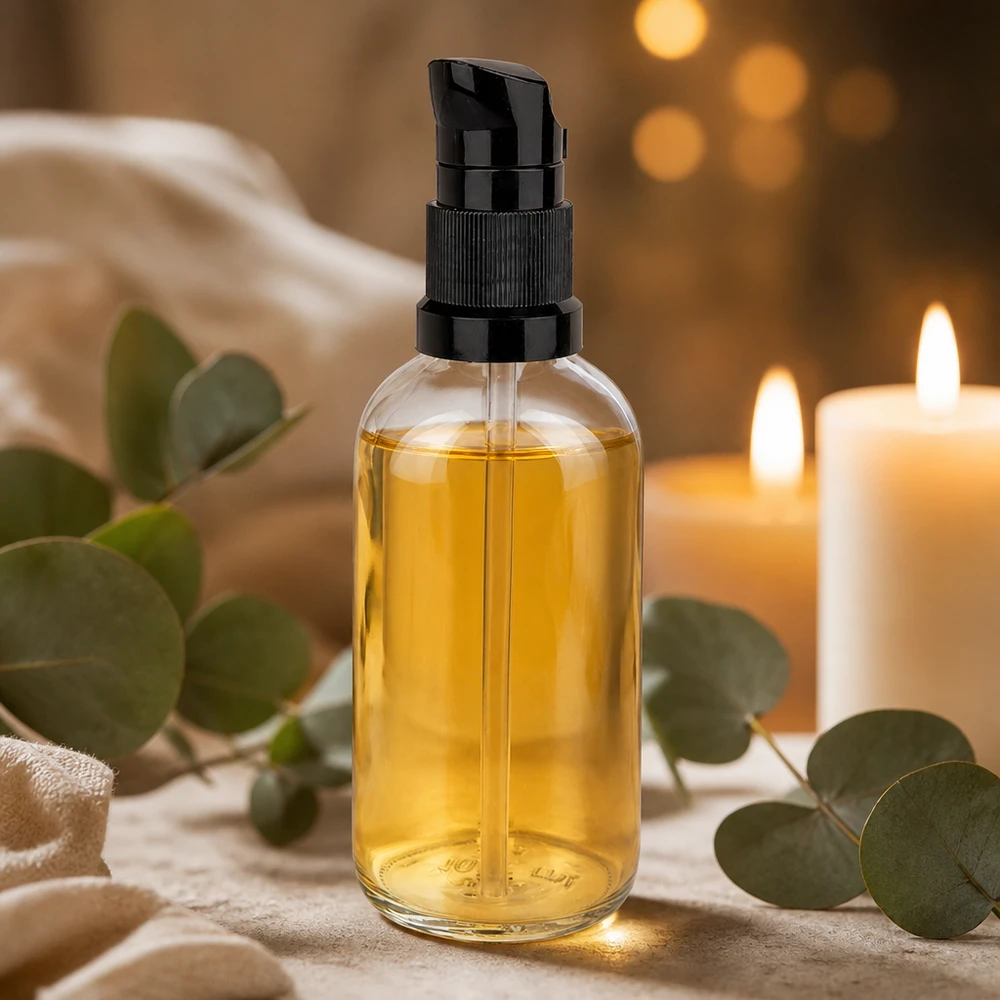 100 ml flaska i klart glas med svart lotionpump, guldgul olja, eukalyptus, spa-atmosfär