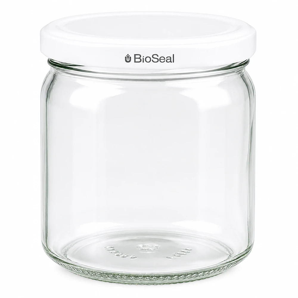 408 ml rund burk med vitt BioSeal-lock UNiTWIST UNiTWIST Runda408 konserveringsburk med vitt TO82 BioSeal-lock - rund förvaringsburk i glas för köket