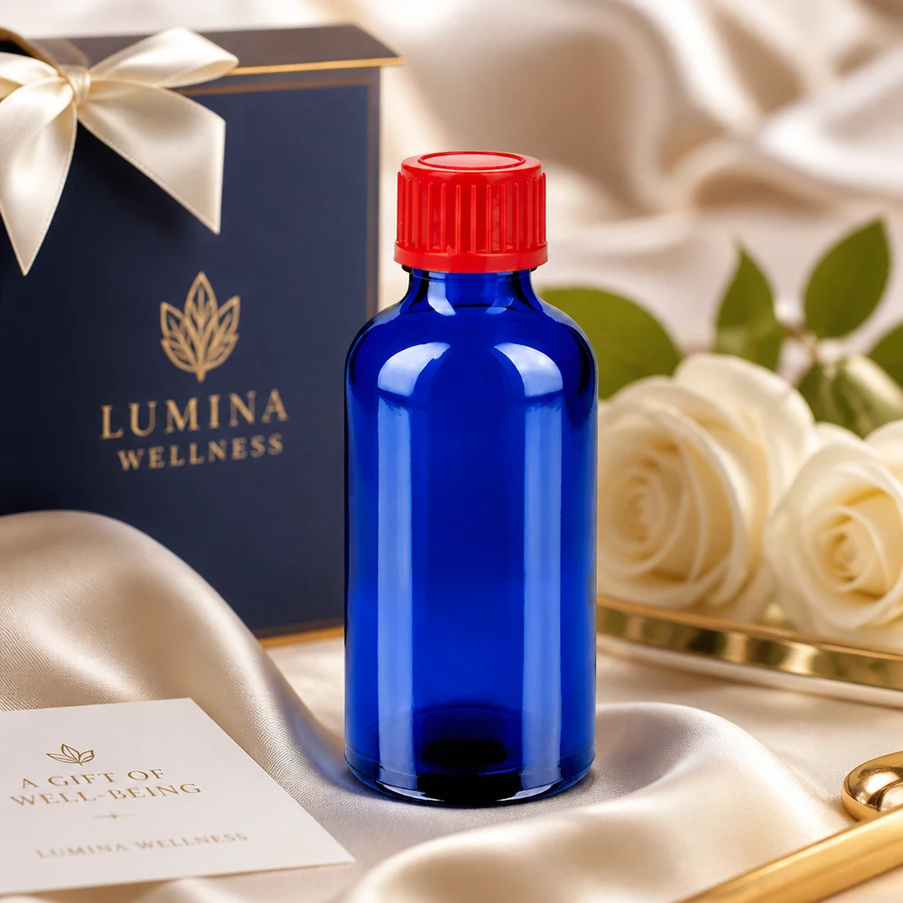 50ml flaska 11mm skruvkork röd standard BlueLine UT18/50 Kompakt 50 ml BlueLine UT18/50 glasflaska med kontrastrik röd och blå färgdesign