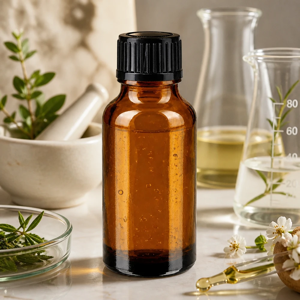 Apoteksflaska brun 20ml skruvkork svart standard En brun glasflaska på 20 ml med svart lock bredvid en mortel och färska örter