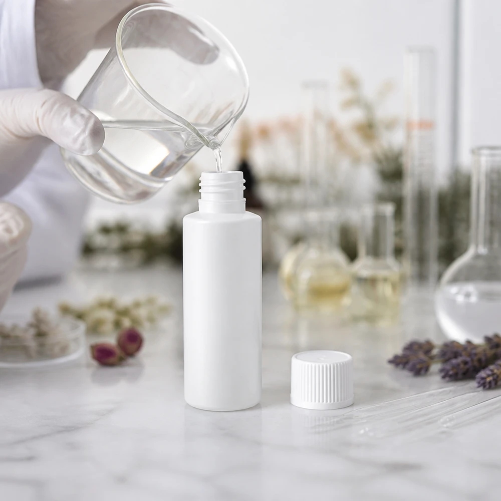Apoteksflaska HDPE 30ml vit, med vitt skruvlock Vit plastbehållare på 30 ml med räfflat skruvlock i ett kosmetiklaboratorium med lavendel