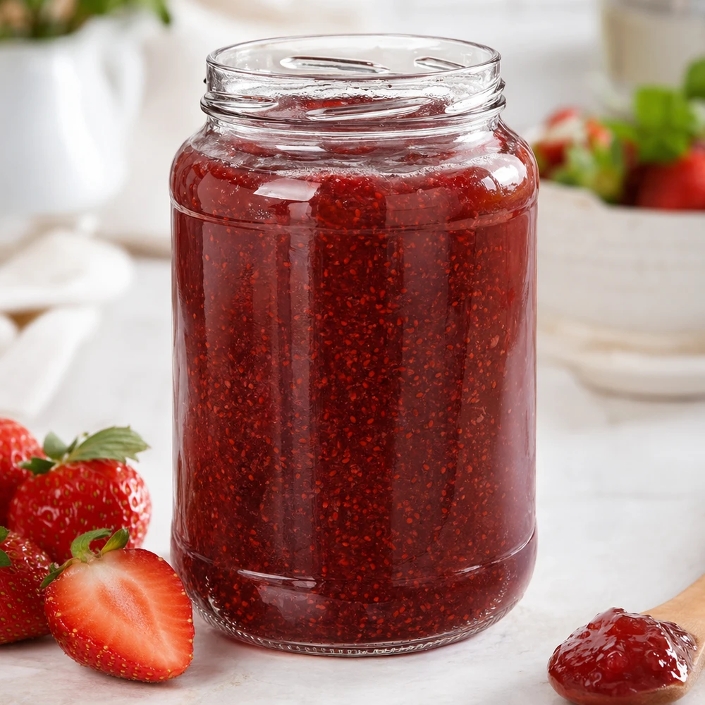 1700ml rund burk utan lock (TO100) UNiTWIST UNiTWIST Runda1700 dricksglas 1700ml TO100 med hemlagad jordgubbssylt färska jordgubbar frukostbord vit
