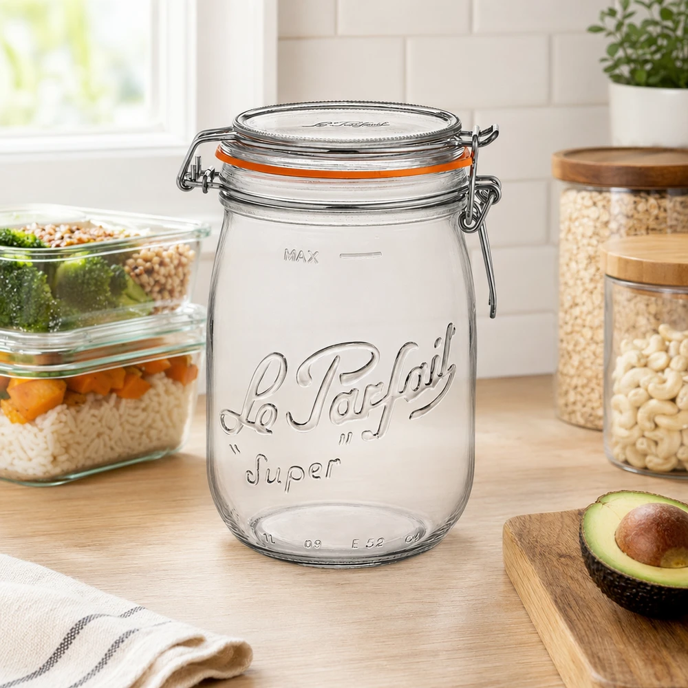 1000 ml Le Parfait Super förvaringsburk med svängbart lock i moderna kök bredvid avokado och andra förvaringsbehållare