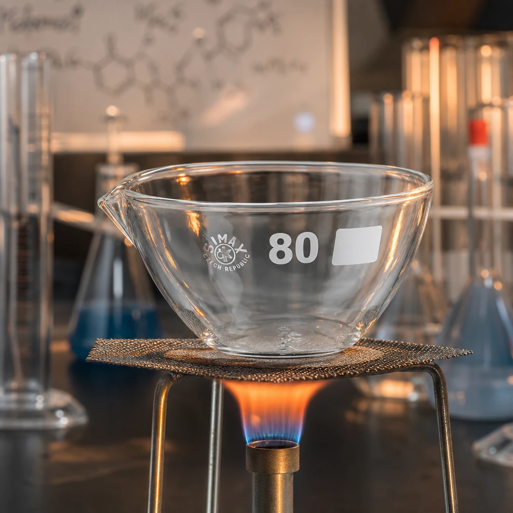 90ml indunstningsskål med pip av borosilikat ø80mm Transparent 90 ml laboratorieskål med praktisk pip tillverkad av högkvalitativt borosilikatglas