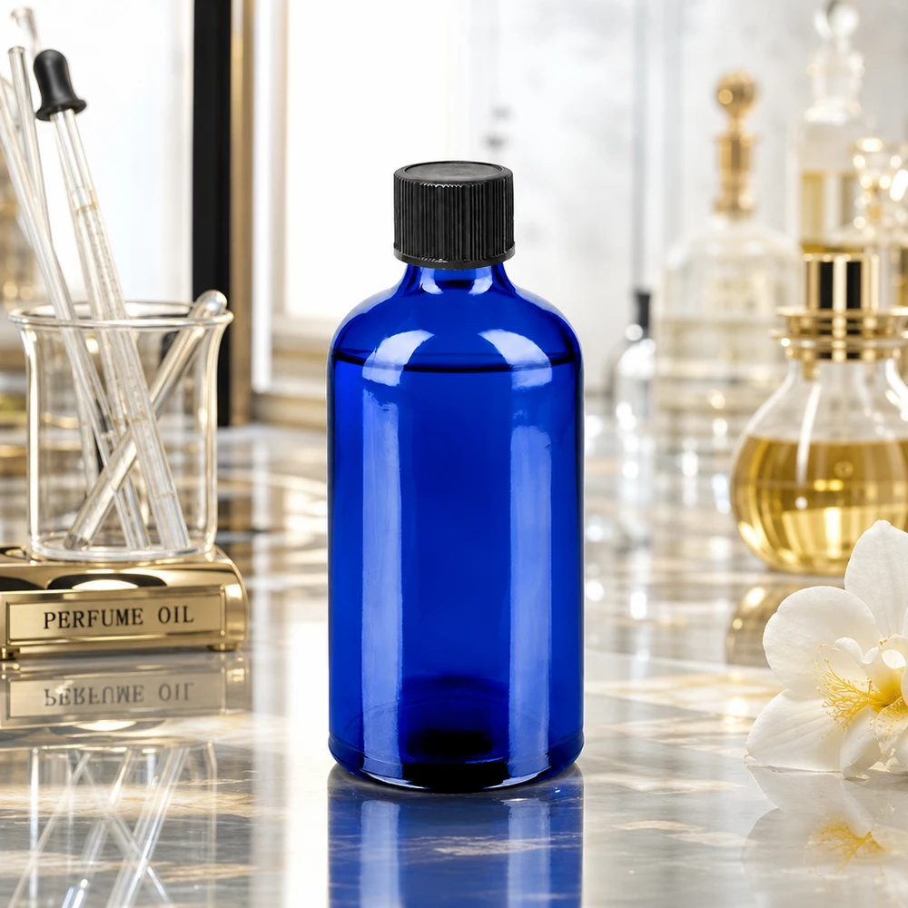 100ml Droppflaska 1mm svart standardförslutning BlueLine UT18/100 Elegant koboltblå droppflaska 100 ml med matt svart lock för snygg produktpresentation