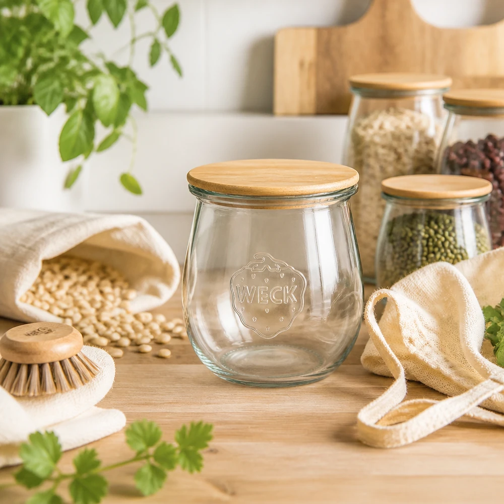 220ml tulpanburk WECK RR60 med trälock WECK Tulpenglas 220ml RR60 Holzdeckel in Zero-Waste Küche mit Hülsenfrüchten Getreide und nachhaltigen Utensilien