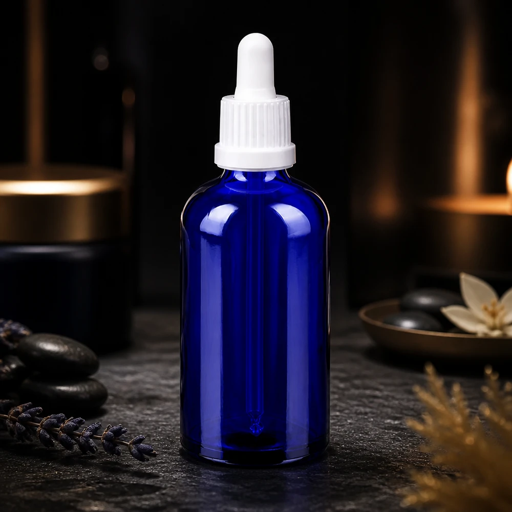 100 ml pipettflaska vit med säkerhetsförslutning BlueLine UT18/100 Koboltblå glasflaska 100ml med ergonomisk pipett för enkel hantering BlueLine UT18/100
