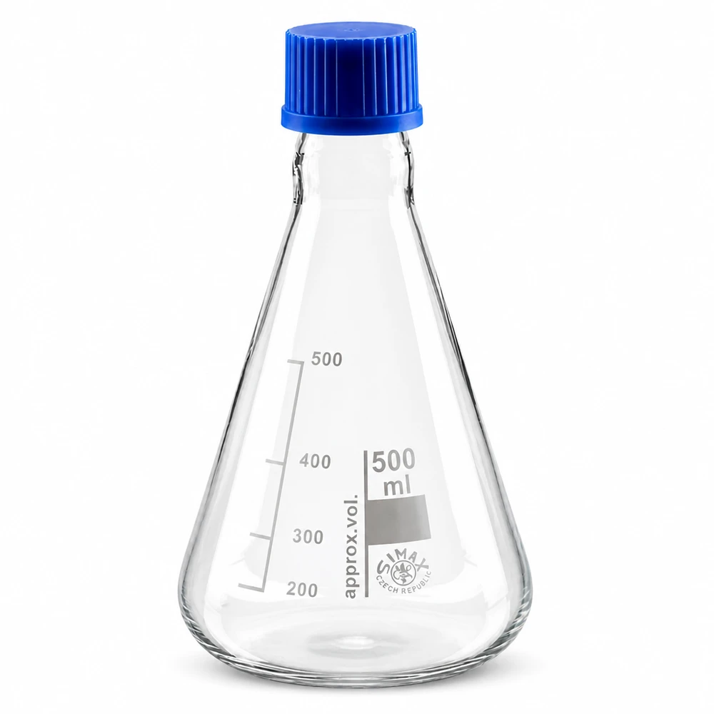 500 ml Erlenmeyerkolv med konisk form och praktiskt blått lock