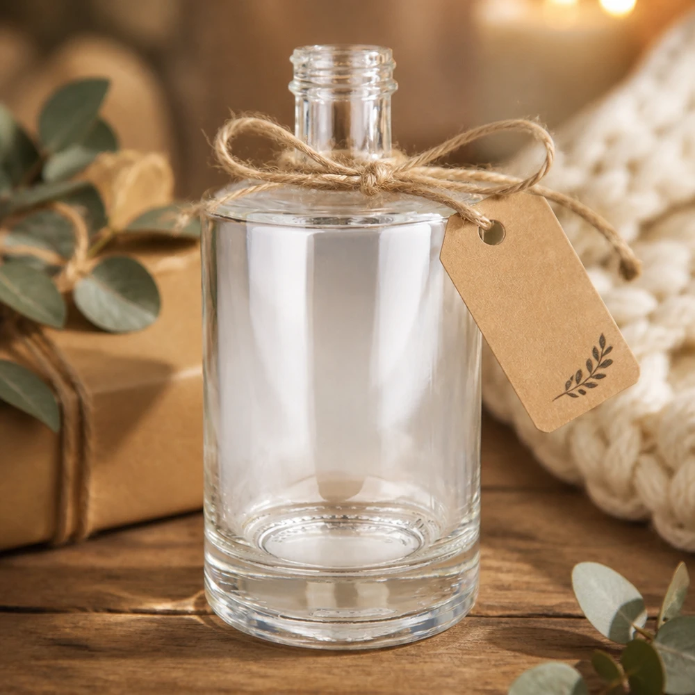 500ml glasflaska Sam tom med kraftpapper tagg jute rosett rustik presentförpackning träbotten