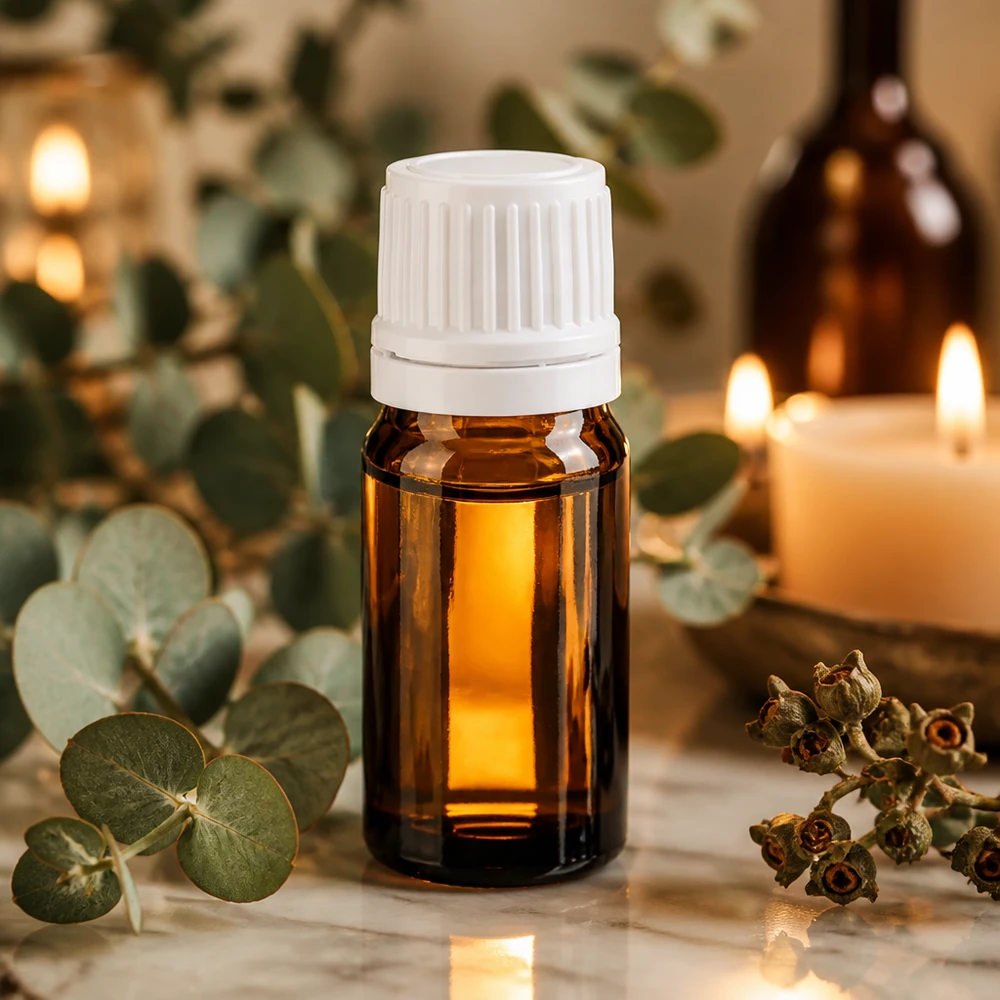 Liten 5 ml-flaska i brunt glas med vitt OV-lock för eteriska oljor och aromaterapi