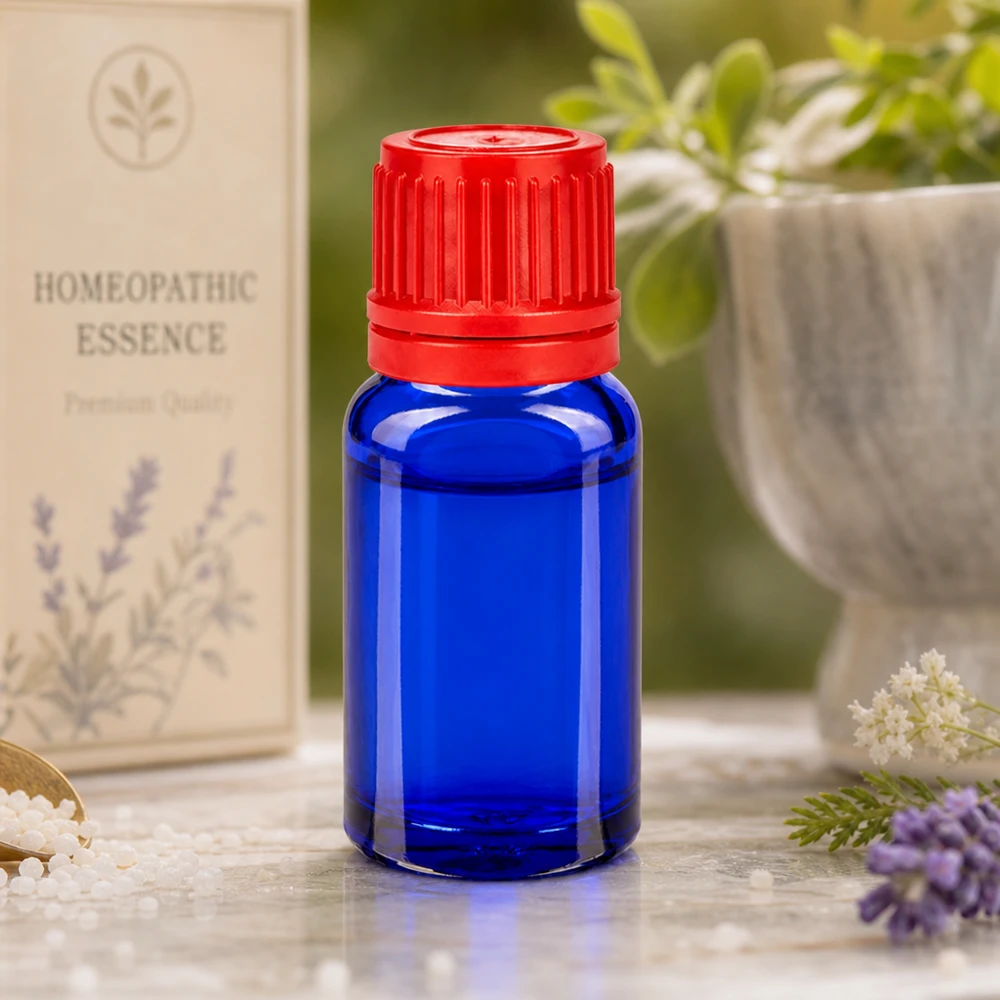 10 ml flaska 11mm skruvkork röd med säkerhetslock BlueLine UT18/10 10 ml blå apoteksflaska med rött lock 11 mm SV för homeopatiska essenser och naturläkemedel