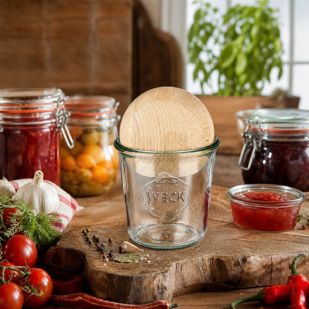 580 ml Krossade glasögon WECK RR100 med träkula bok WECK burk 580ml RR100 med bokträkula i ett rustikt kök mellan konserveringsburkar och färska ingredienser