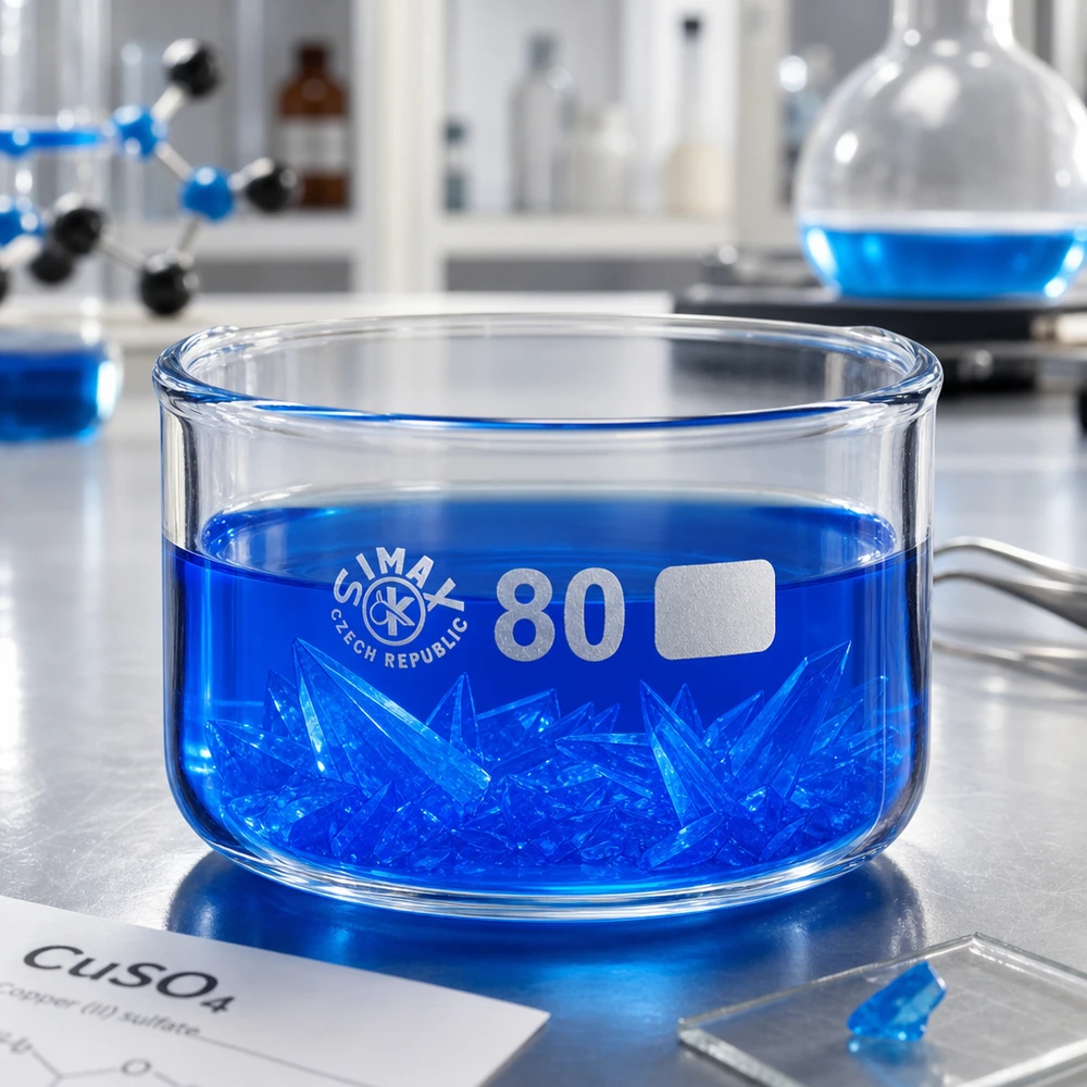 150ml kristalliseringsskål utan pip borosilikat ø80mm Blå kopparsulfatkristaller i en 150 ml kristallisationsskål av borosilikatglas, ø80 mm, SIMAX