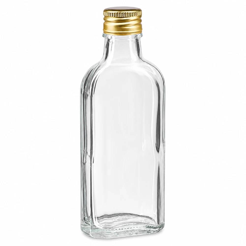 100 ml Meplat-glasflaska, klar, med guldfärgat aluminiumlock PP22 för spritdrycker och likörer