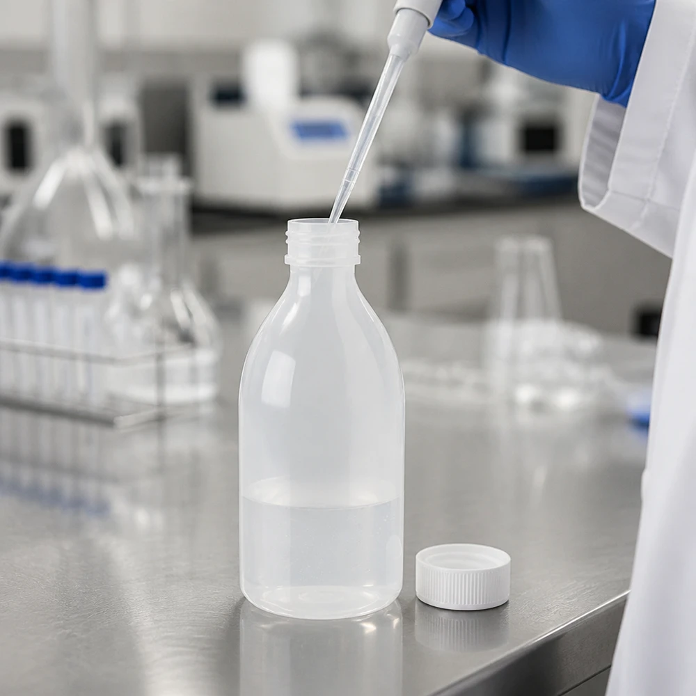 En laboratorieassistent pipetterar vätska i en 250 ml skruvflaska med smal hals tillverkad av LDPE-plast