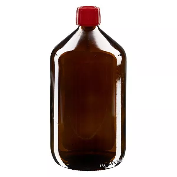 1000 ml medicinflaska brun, rött lock med säkerhetsring ApoGlas 1000 ml medicinflaska brun, rött lock med säkerhetsring ApoGlas