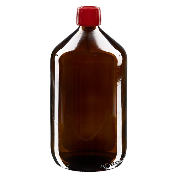 1000 ml medicinflaska brun, rött lock med säkerhetsring ApoGlas