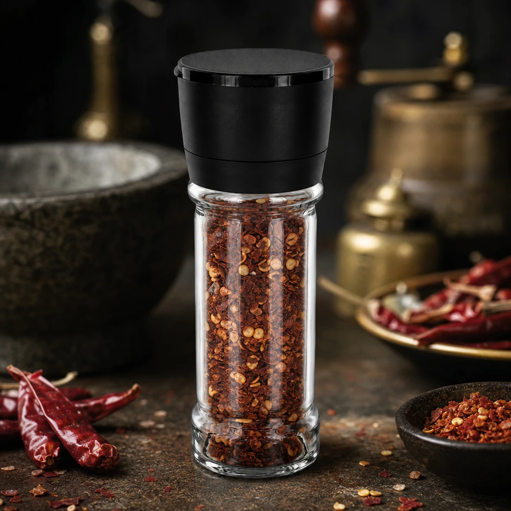 Salt-/kryddburk 100 ml med kvarn, Vario svart Kryddkvarn Vario 100 ml med svart plastlock, fylld med röda chiliflingor