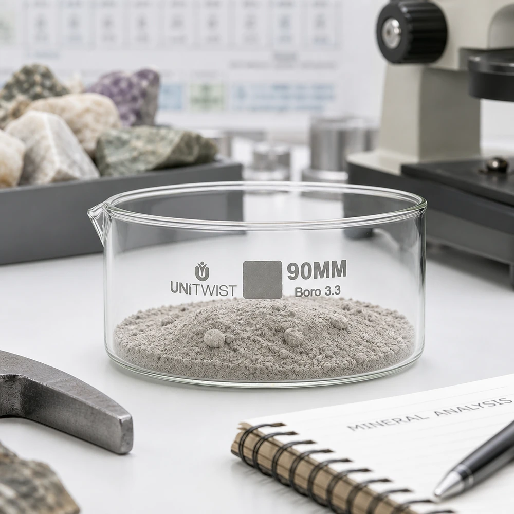 Kristallisationskärl ø90 mm, borosilikatglas UNiTWIST Kristallisationsskål 90 mm UNiTWIST med grått mineralpulver på laboratoriebordet för bergartsanalys