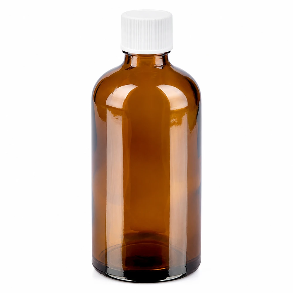 Brun glasflaska 100ml med vitt skruvlock för läkemedel och kosmetika