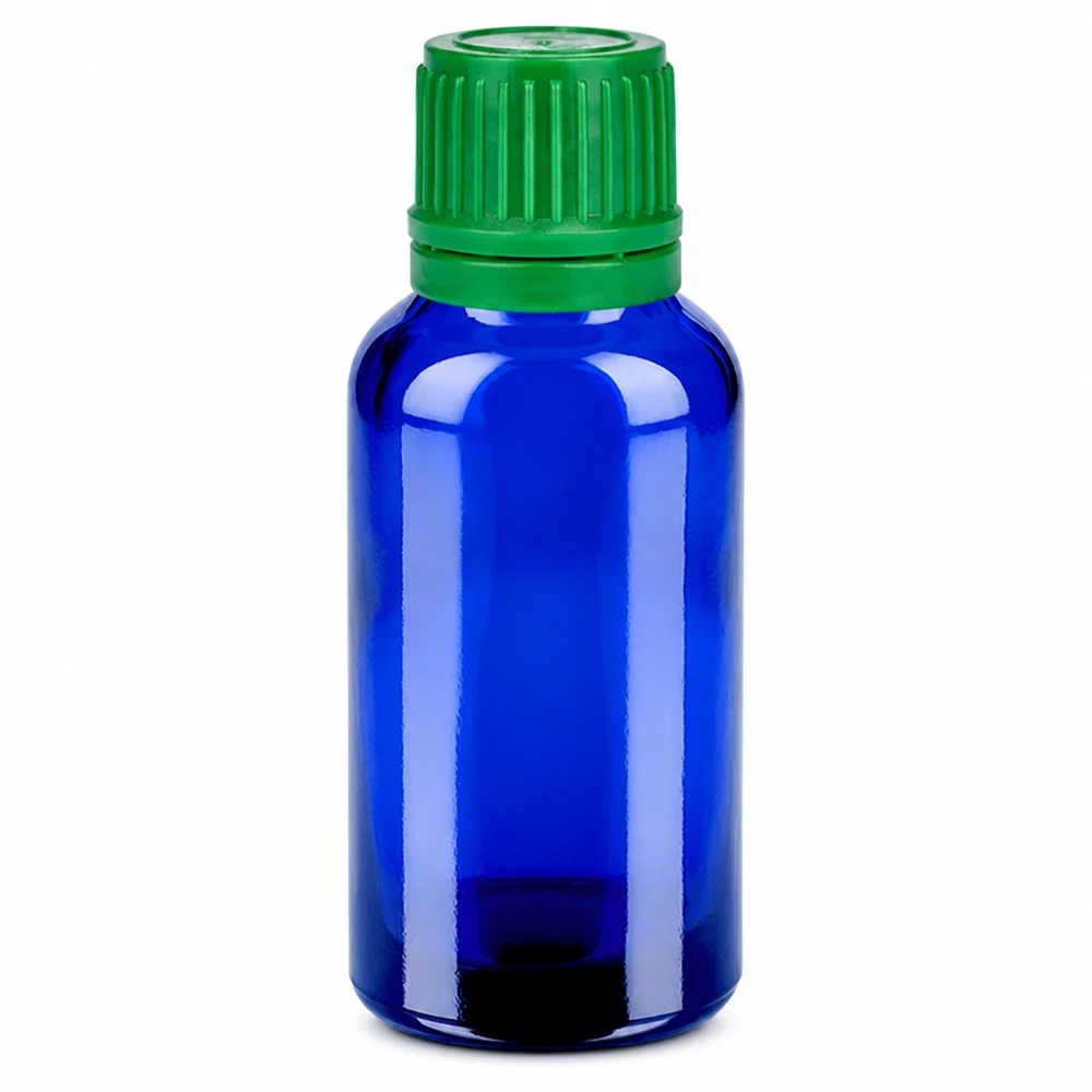 30 ml droppflaska av blått glas med grönt skruvlock för eteriska oljor