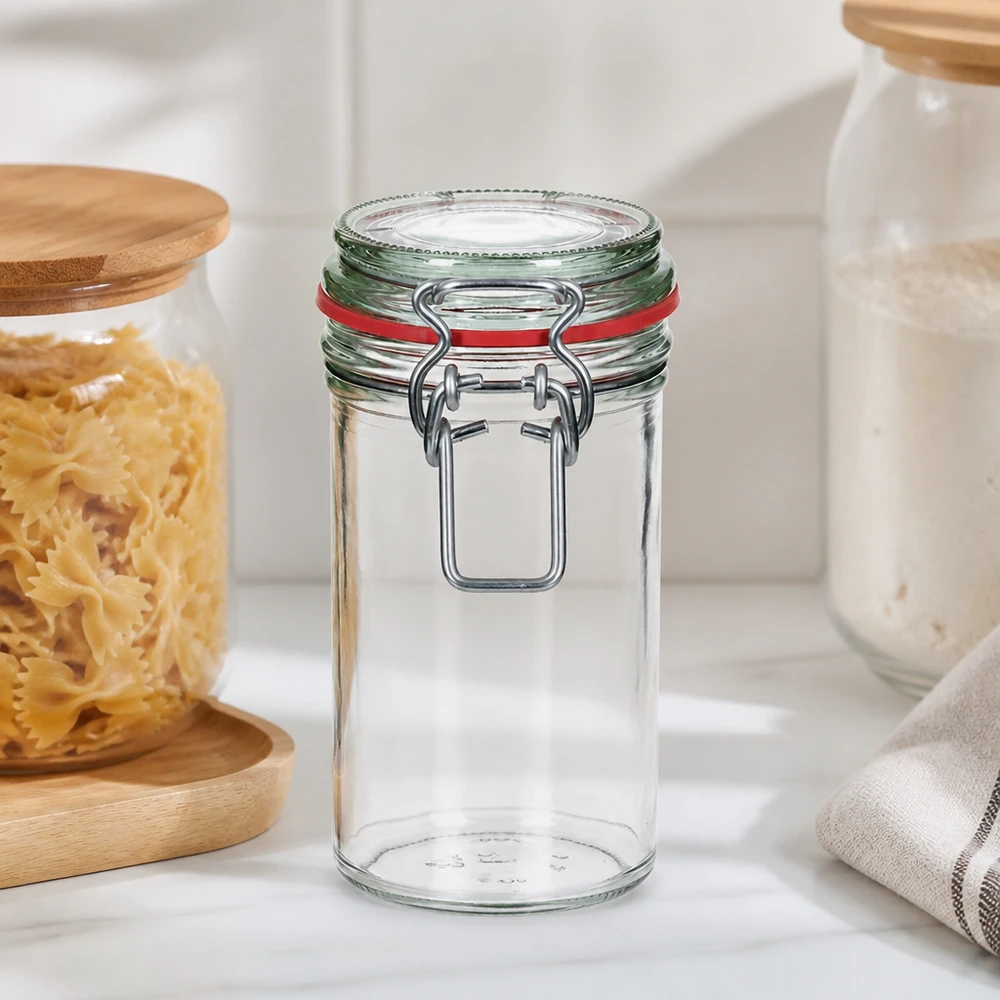 272 ml förvaringsburk med svängbart lock och röd försegling i ett modernt kök bredvid pasta- och vita behållare