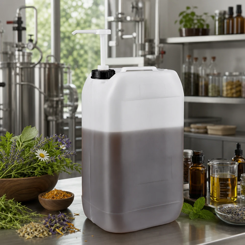 Dunk 15 liter med doseringspump 15-litersdunk med doseringspump, omgiven av medicinalväxter som lavendel och eteriska oljor vid tillverkning av naturkosmetika