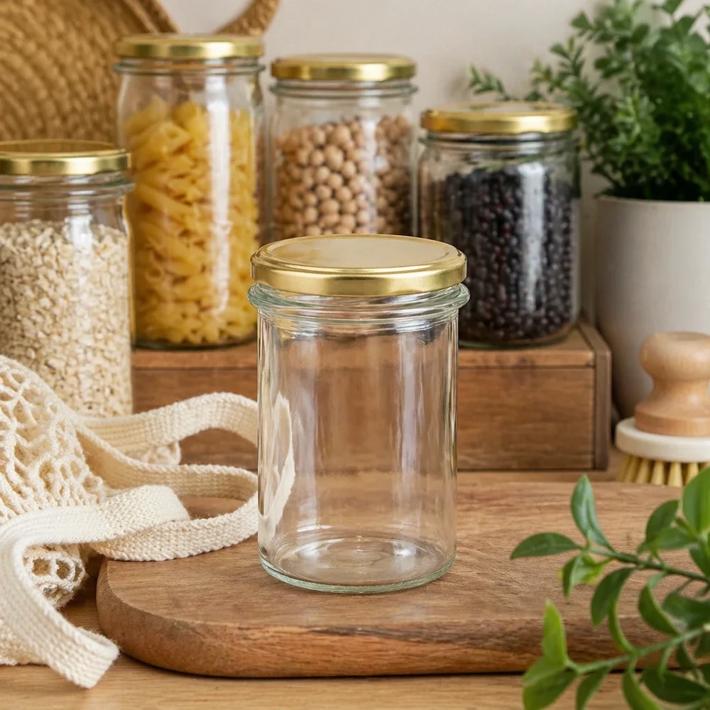 230 ml glas tomma BasicSeal lock guld UNiTWIST i Zero Waste-kök med förvaringsburkar och växter