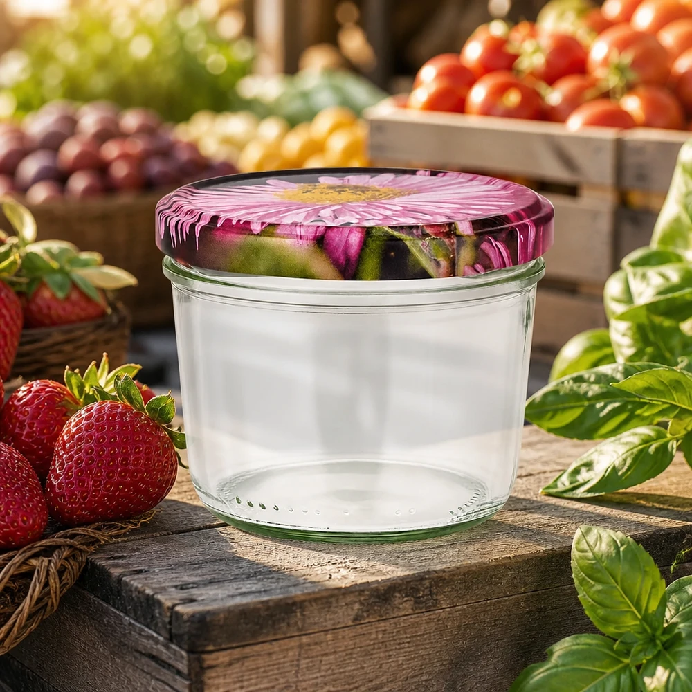 230ml Krossade glasögon + BasicSeal lock blommig design UNiTWIST 230 ml-glas med blomlock på en träbräda mellan färska jordgubbar och grönsaker i en marknadsmiljö