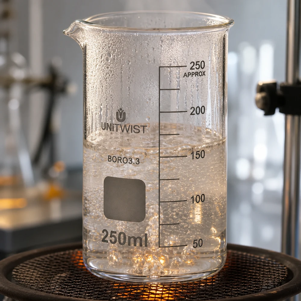 Bägare 250ml borosilikat, hög form UNiTWIST Kokande vatten i UNITWIST-bägare, 250 ml, hög modell, uppvärmt på värmeplattan