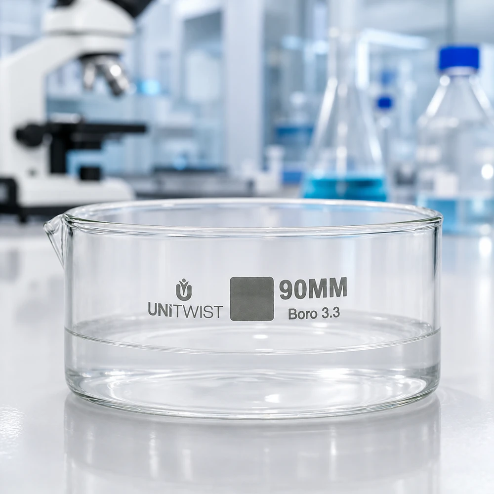 Kristallisationskärl ø90 mm, borosilikatglas UNiTWIST Tom kristallisationsskål 90 mm UNiTWIST Boro 3.3 framför en laboratoriebakgrund med mikroskop och Erlenmeyerkolv