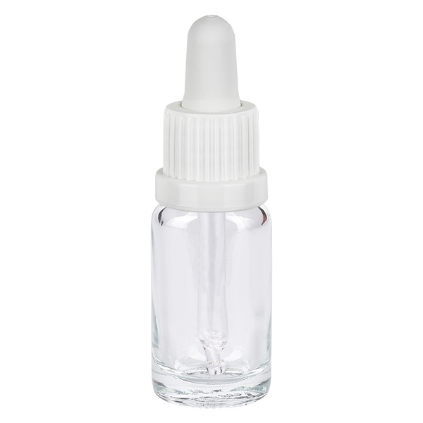 10 ml pipettflaska vit med säkerhetslock ClearLine UT18/10 10 ml pipettflaska i klart glas med vit droppkork, ClearLine-serien