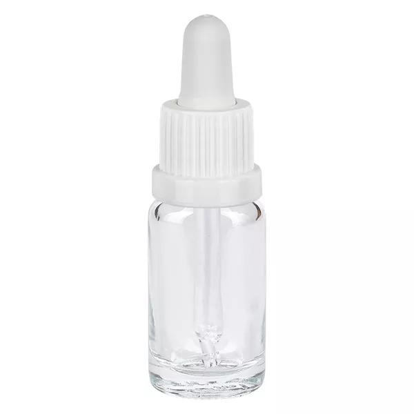 10 ml pipettflaska vit med säkerhetslock ClearLine UT18/10 10 ml pipettflaska i klart glas med vit droppkork, ClearLine-serien