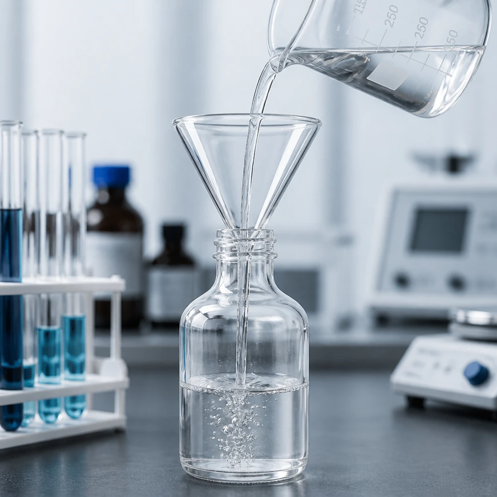 Laboratorietratt med kort fot, 100 mm, tillverkad av robust sodaglas för kemiska tillämpningar och analyser