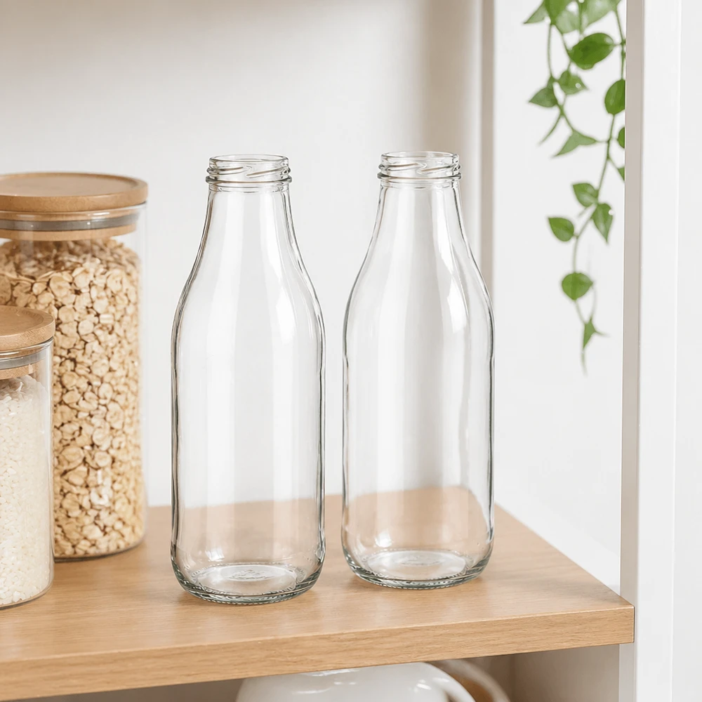 1000ml glasflaska utan lock (TO48) UNiTWIST 1000 ml glasflaskor TO48 UNiTWIST två tomma mjölkflaskor på trähylla i modernt kök med förvaringsburkar