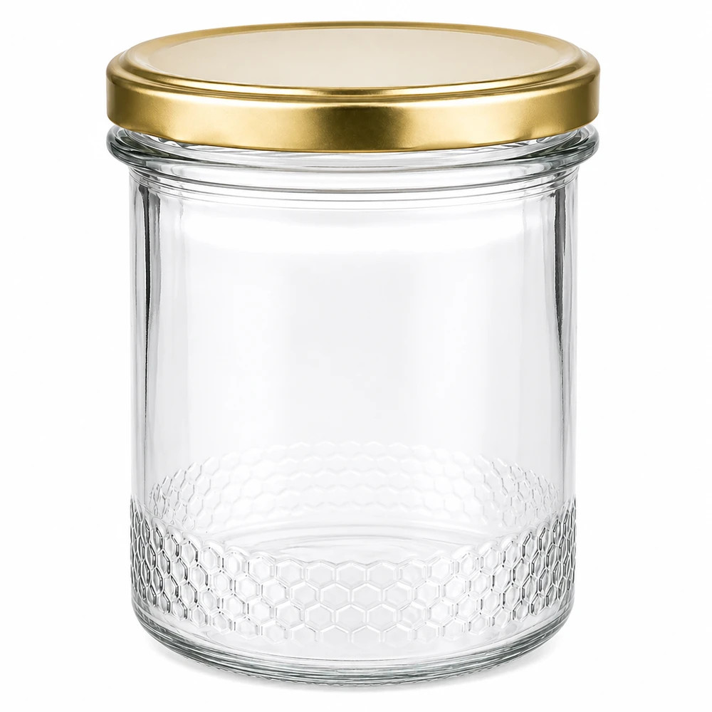 560 g honungsburk med gyllene BasicSeal UNiTWIST-lock 400 ml tom honungsburk med gyllene BasicSeal UNiTWIST-lock och bikakemönster på botten