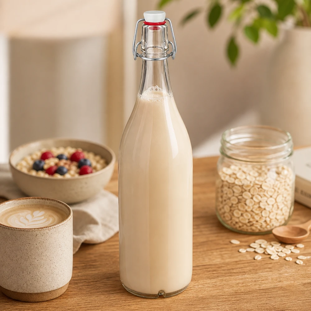 1000ml glasflaska + svängbar topp porslin UNiTWIST 1000 ml glasflaska med svängbart lock fylld med havremjölk bredvid havregryn och frukostskål på träbord