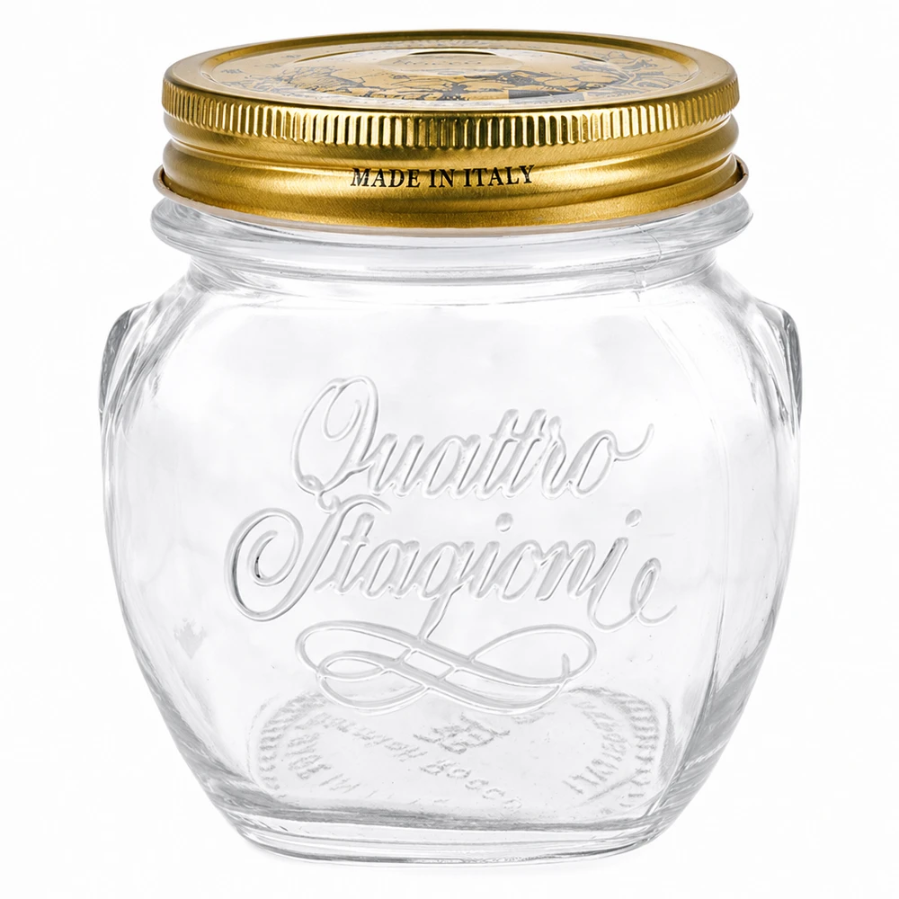 300ml rund burk "Quattro Stagioni" med lock 300ml rund burk Quattro Stagioni med guldlock Made in Italy konserveringsburk transparent tom