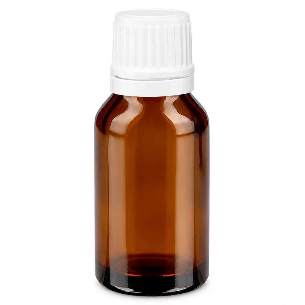 Apoteksflaska brun 15ml skruvkork vit med manipuleringssäker förslutning Brun apoteksflaska på 15 ml med vitt originalförslutningslock av brunt glas