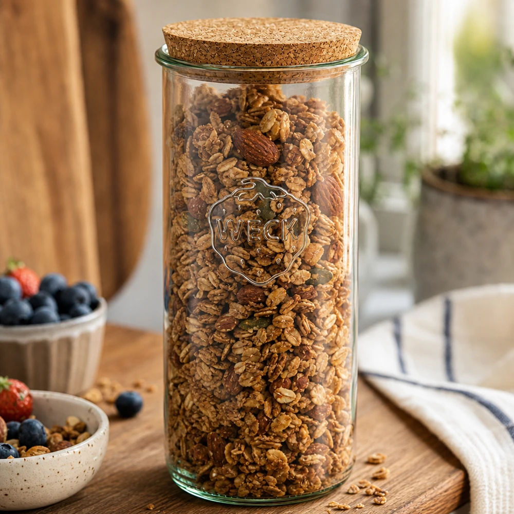 1500ml Krossade glasögon WECK RR100 med naturkork WECK dricksglas 1500ml fyllda med müsli nötter korklock köksscen träbord frukost förvaring
