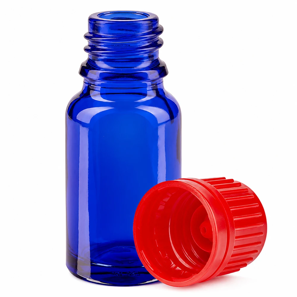 10 ml flaska 11mm skruvkork röd med säkerhetslock BlueLine UT18/10 10 ml glasflaska blå med rött lock 11 mm SV BlueLine-serien för exakt dosering