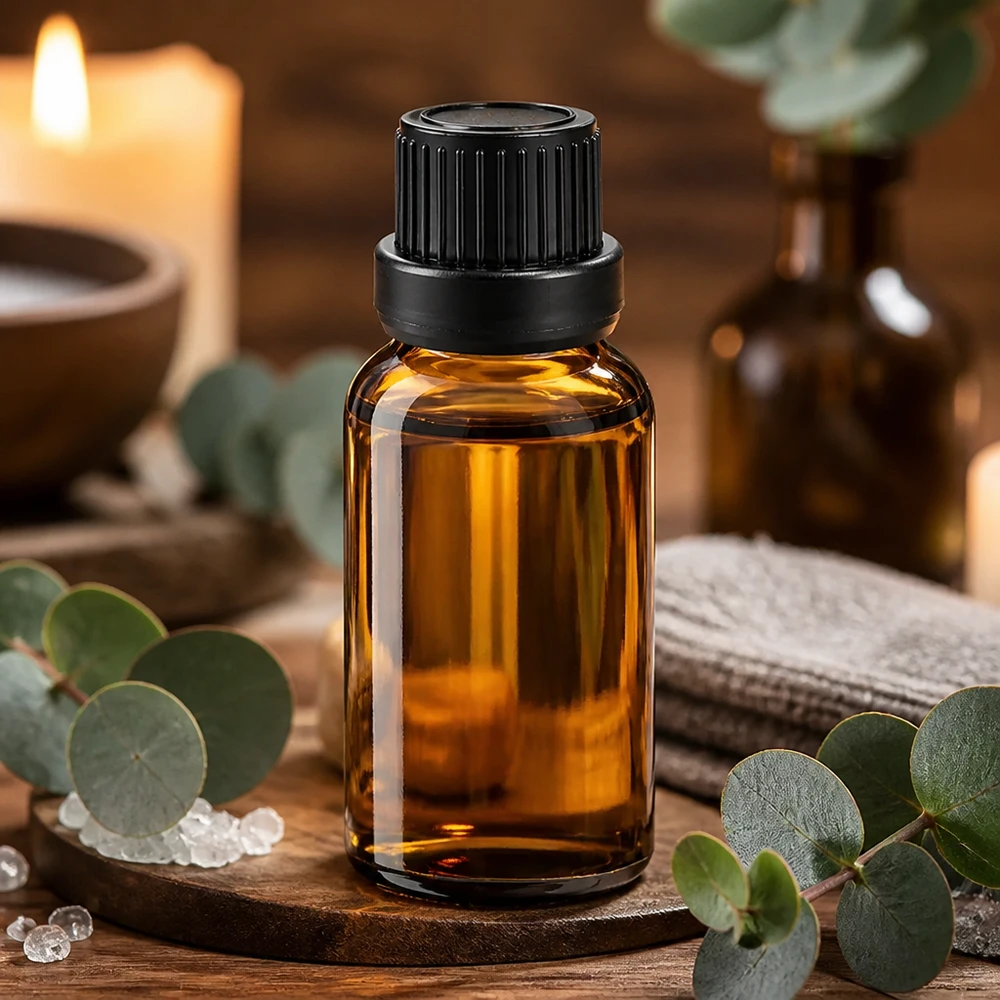 Liten 10 ml bärnstensfärgad glasflaska med exakt 2 mm droppare för doserad applicering av eteriska oljor