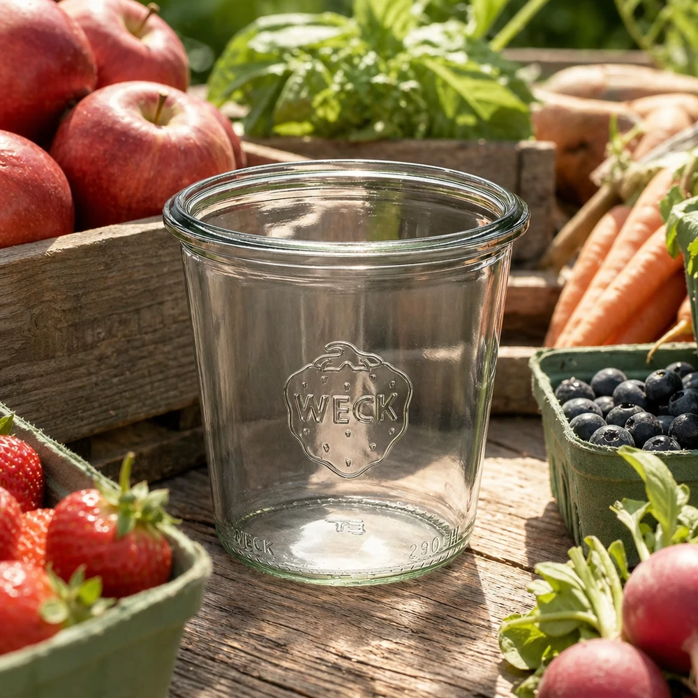 290 ml högt burkglas WECK RR80 WECK glasmuggar 290ml RR80 hög av glas med logotyp omgiven av färsk frukt och grönsaker på ett träbord