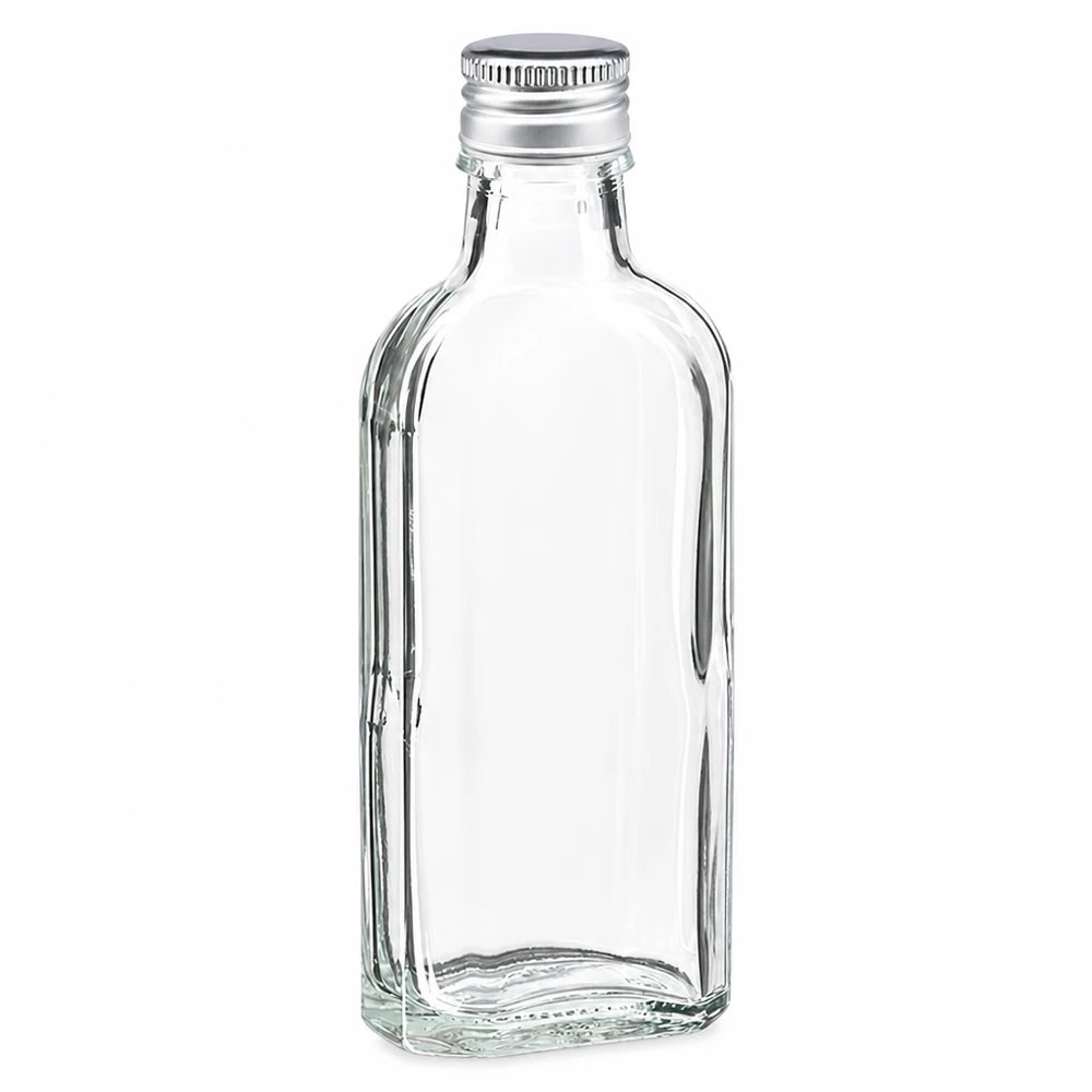 100 ml Meplat klar med aluminiumlock silver PP22 100 ml Meplat-glasflaska, klar, med silverfärgat aluminiumlock PP22 för likör och oljor
