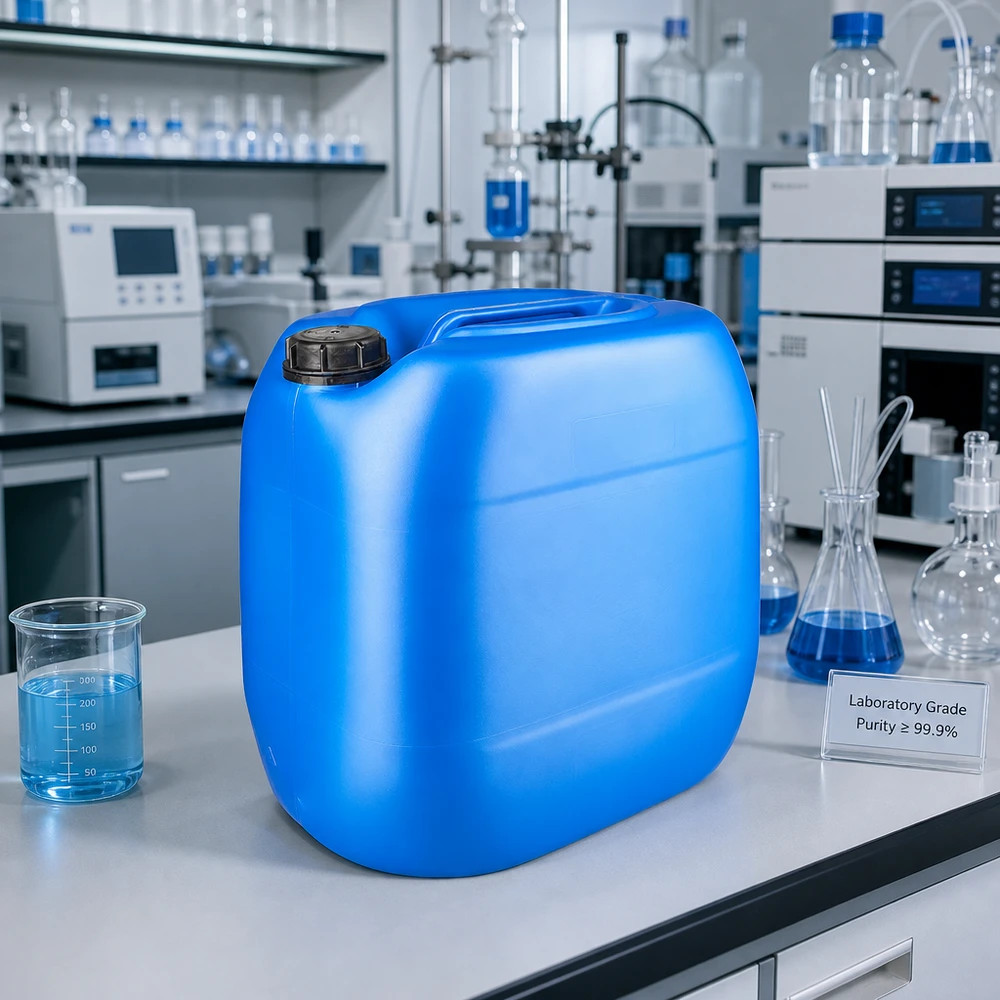 Dunk 30 liter blå med skruvkork, manipuleringssäker förslutning Laboratoriebehållare, 30 liter, blå med svart OV-lock, på ett vitt laboratoriebord bredvid ett bägarglas